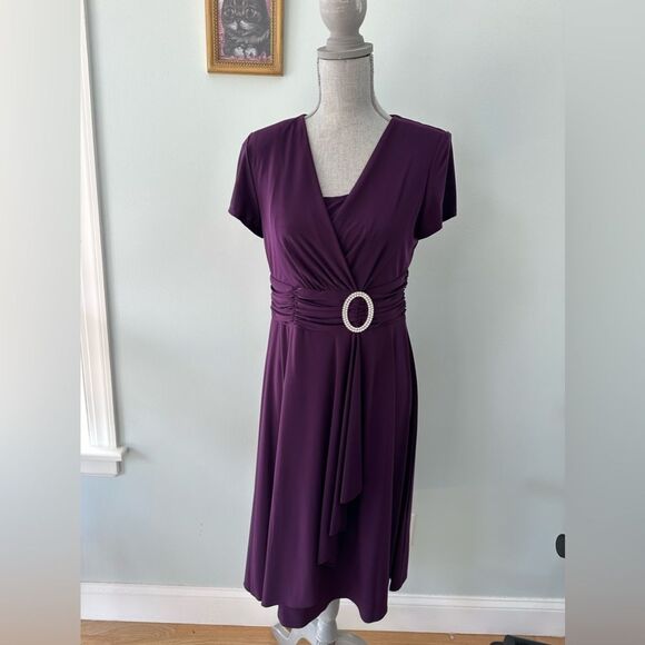 R&M Richards Midi Formal Dark Purple Short-Sleeve Faux Wrap Dress Womens Size 10 - Picture 1 of 12